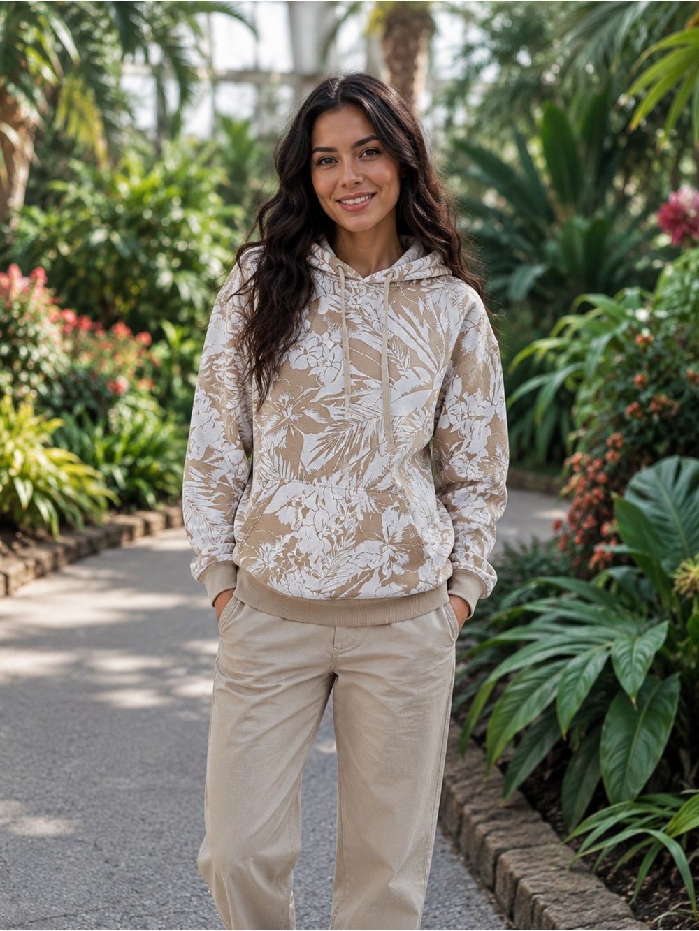 Billabong Beige & White Tropical Cotton Hoodie, M